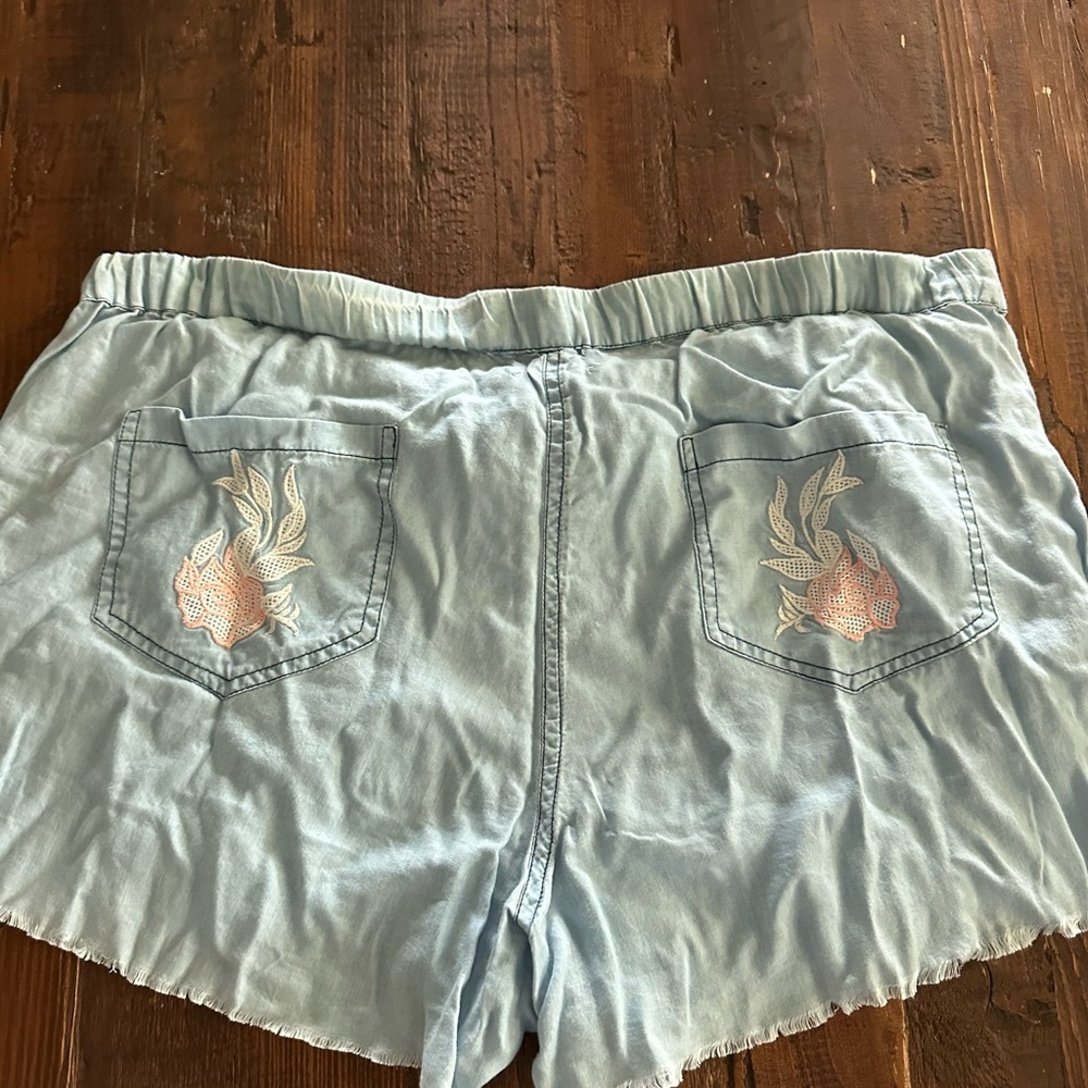 Light Blue Mock-Denim Embroidered Women's Shorts